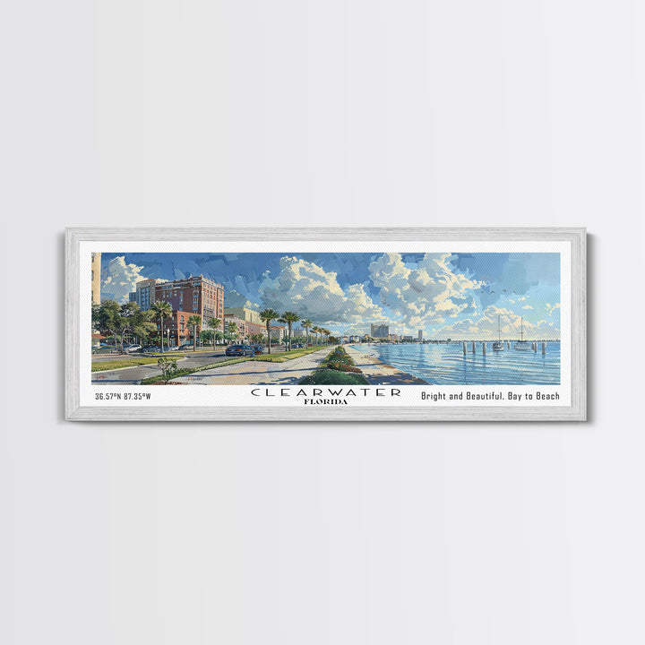 Clearwater Florida Panoramic Watercolor Painting Framed Canvas Print, Travel Poster Art, Coastal View, Home Decor, Wall Hanging, Office Art, Gift for Beach Lovers