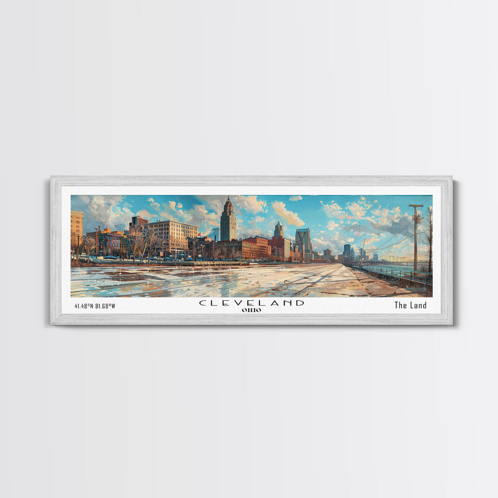 Cleveland Ohio Panoramic Watercolor Painting Framed Canvas Print, Travel Poster Art, Urban Cityscape, Home Decor, Living Room Wall Art, Office Decoration, Gift for Ohioans