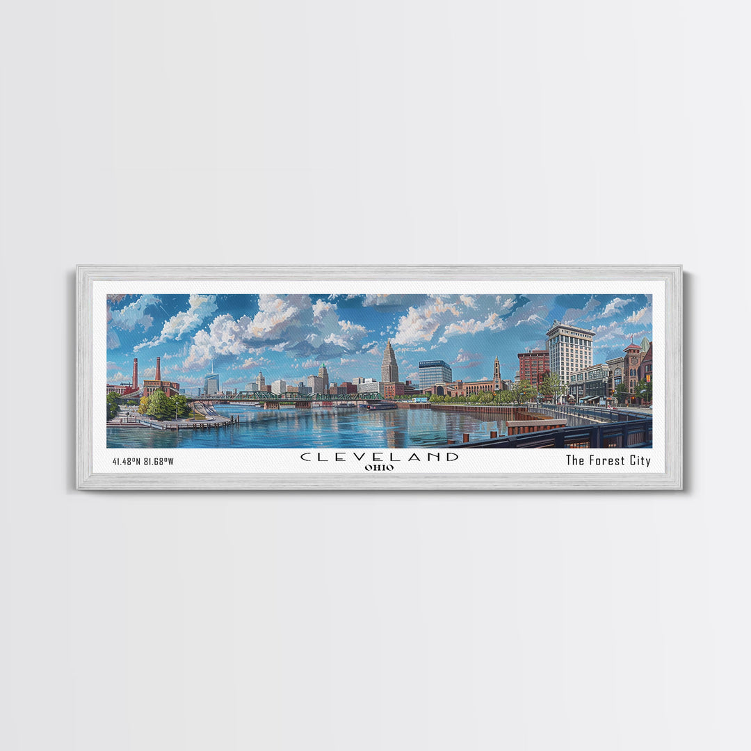 Cleveland Ohio Panoramic Watercolor Painting Framed Canvas Print, Travel Poster Art, Urban Landscape, Bedroom Wall Art, Living Room Decoration, Office Wall Art, Ohio-Themed Gift