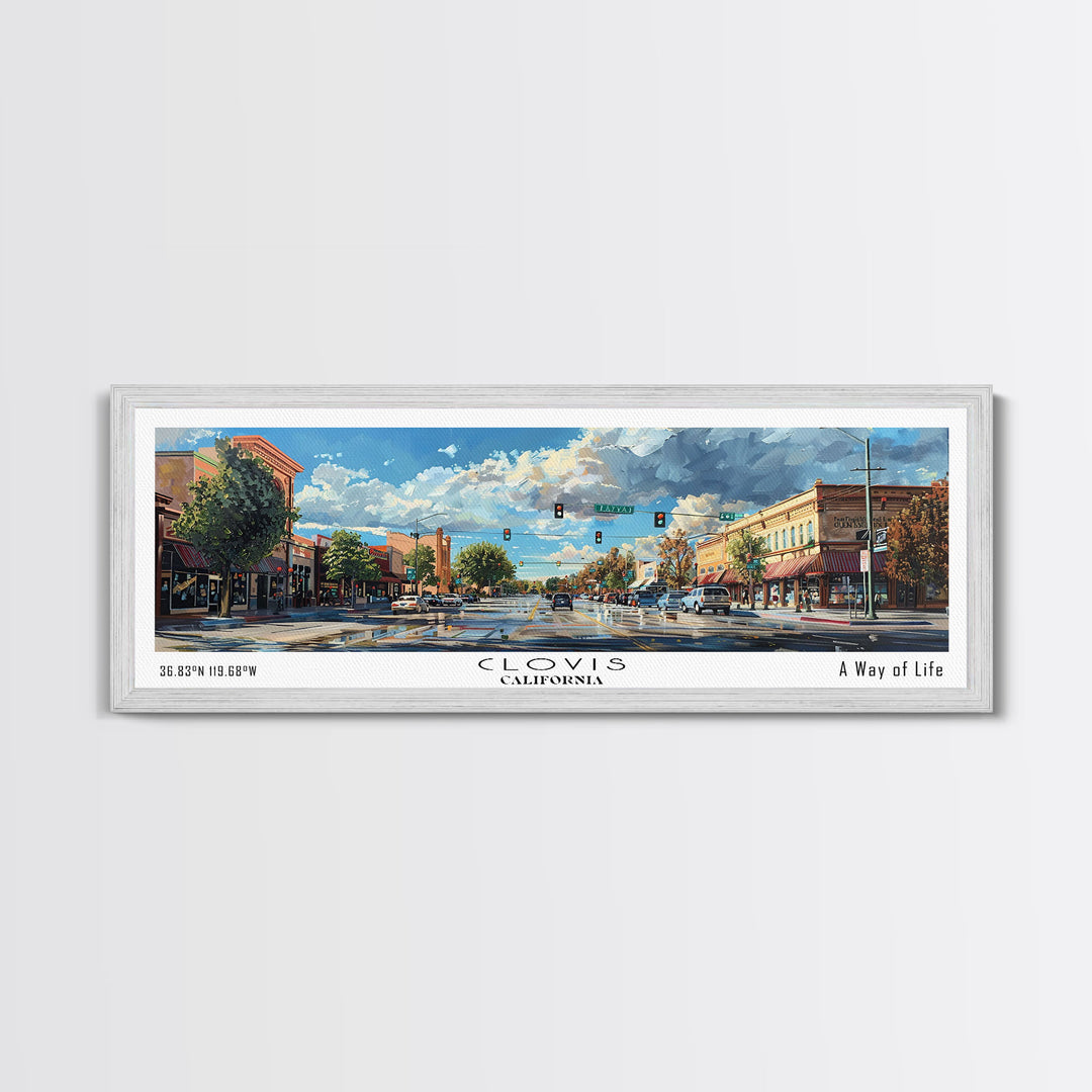 Clovis California Panoramic Watercolor Painting Framed Canvas Print, Travel Poster Art, Picturesque Landscape, Home Decor, Living Room Wall Art, Office Decoration, Unique Travel Gift