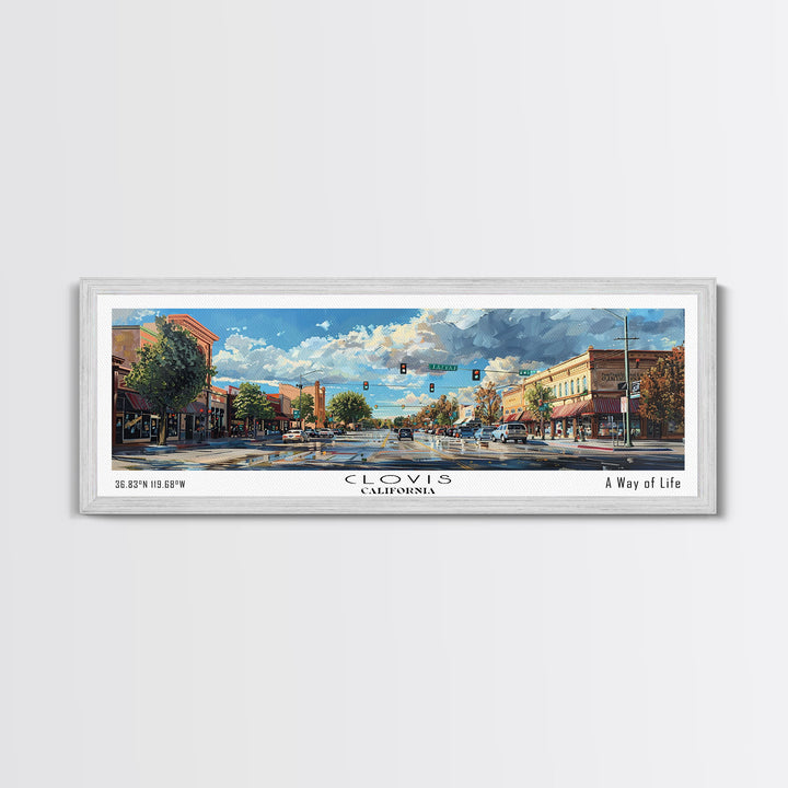 Clovis California Panoramic Watercolor Painting Framed Canvas Print, Travel Poster Art, Picturesque Landscape, Home Decor, Living Room Wall Art, Office Decoration, Unique Travel Gift