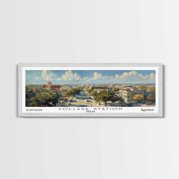 College Station Texas Panoramic Watercolor Painting Framed Canvas Print, Travel Poster Art, Cityscape, Living Room Decor, Wall Hanging, Office Art, Texas-Themed Gift