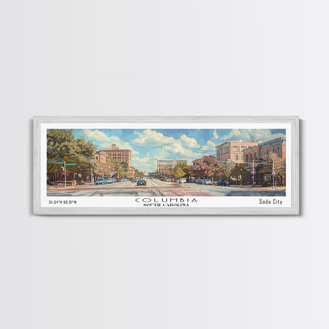 Columbia South Carolina Panoramic Watercolor Painting Framed Canvas Print, Travel Poster Art, Urban Cityscape, Living Room Decor, Wall Hanging, Office Art, Southern Charm Gift