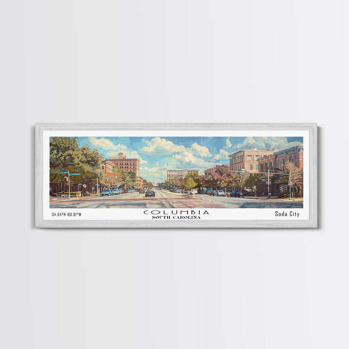 Columbia South Carolina Panoramic Watercolor Painting Framed Canvas Print, Travel Poster Art, Urban Cityscape, Living Room Decor, Wall Hanging, Office Art, Southern Charm Gift