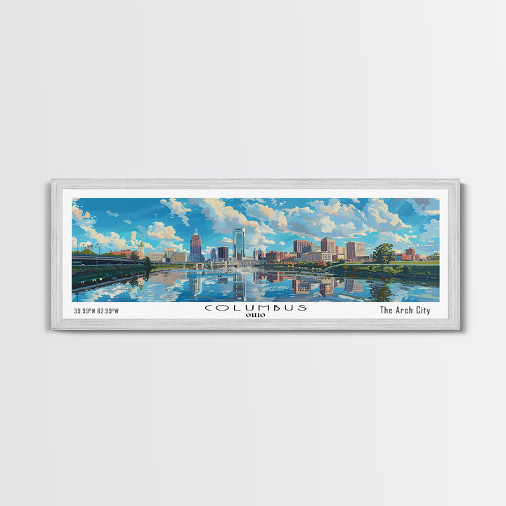 Columbus Ohio Panoramic Watercolor Painting Framed Canvas Print, Travel Poster Art, Urban Cityscape, Home Decor, Living Room Wall Art, Office Decoration, Gift for Ohioans
