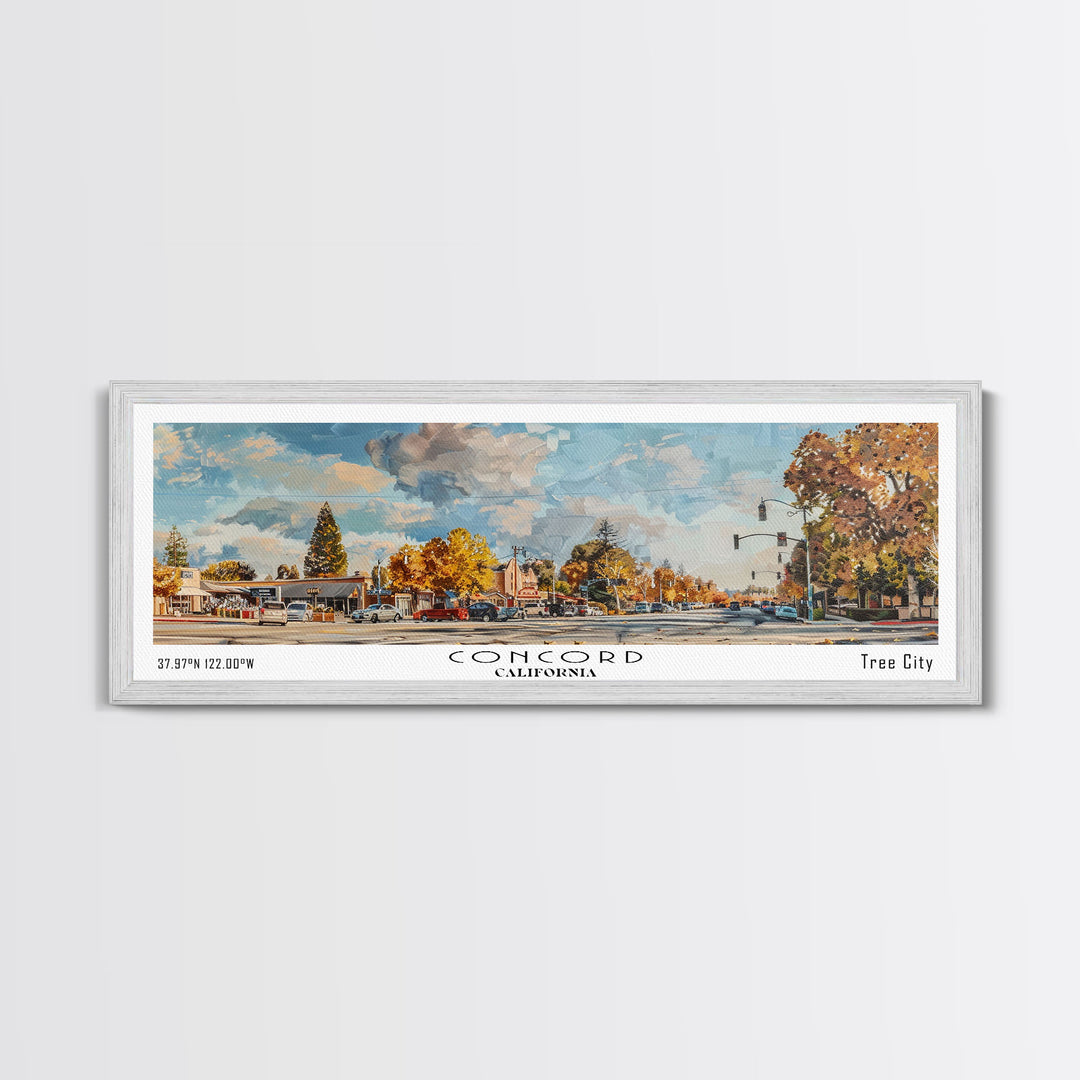 Concord California Panoramic Watercolor Painting Framed Canvas Print, Travel Poster Art, Urban Landscape, Bedroom Wall Art, Living Room Decoration, Office Wall Art, California-Themed Gift