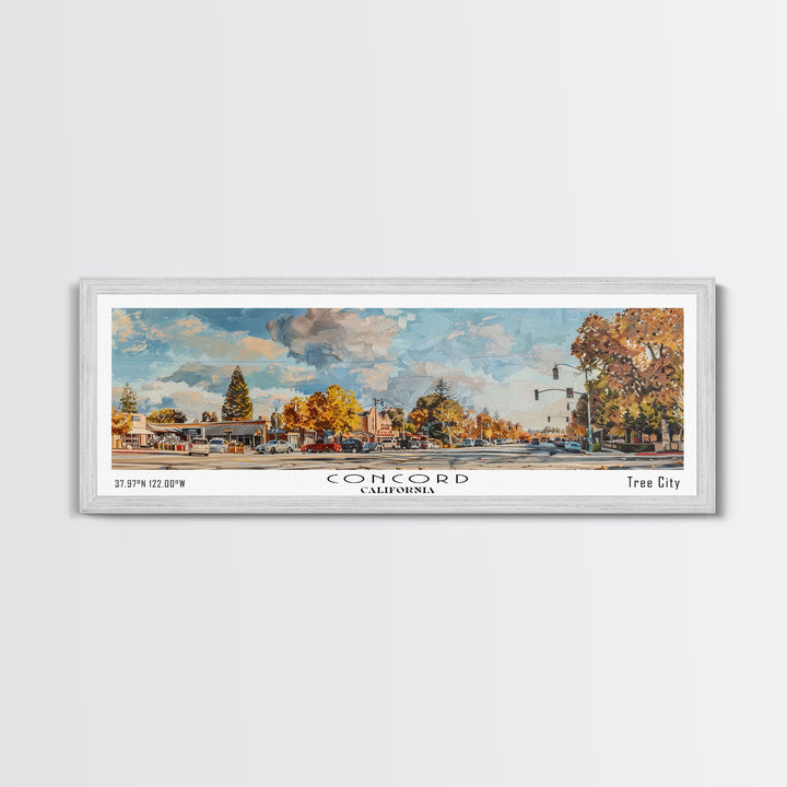 Concord California Panoramic Watercolor Painting Framed Canvas Print, Travel Poster Art, Urban Landscape, Bedroom Wall Art, Living Room Decoration, Office Wall Art, California-Themed Gift