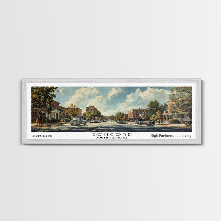 Concord North Carolina Panoramic Watercolor Painting Framed Canvas Print, Travel Poster Art, Urban Cityscape, Living Room Decor, Wall Hanging, Office Art, Southern Charm Gift