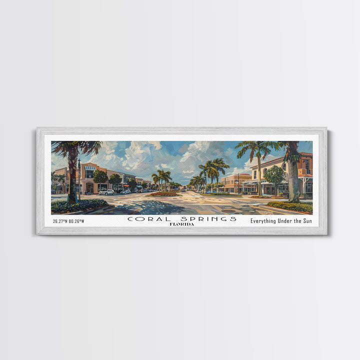 Coral Springs Florida Panoramic Watercolor Painting Framed Canvas Print, Travel Poster Art, Coastal View, Home Decor, Living Room Wall Art, Office Decoration, Gift for Beach Lovers