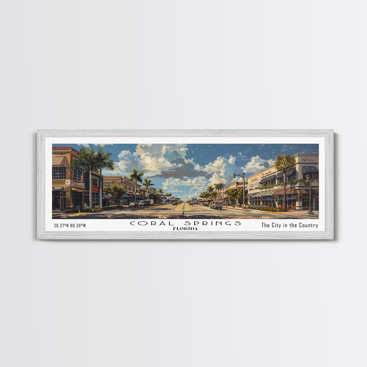 Coral Springs Florida Panoramic Watercolor Painting Framed Canvas Print, Travel Poster Art, Scenic Coastal View, Bedroom Wall Art, Living Room Decoration, Office Wall Art, Florida-Themed Gift