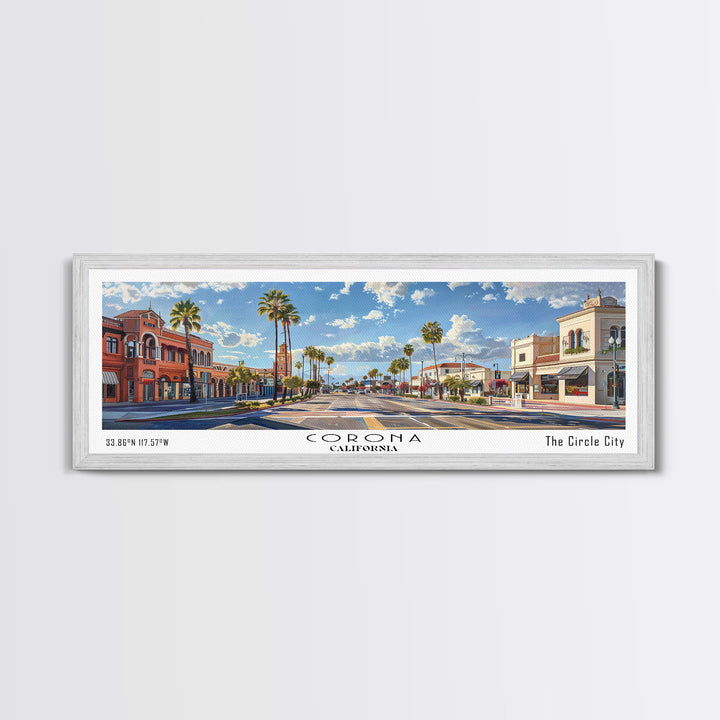 Corona California Panoramic Watercolor Painting Framed Canvas Print, Travel Poster Art, Urban Cityscape, Home Decor, Living Room Wall Art, Office Decoration, Gift for California Lovers