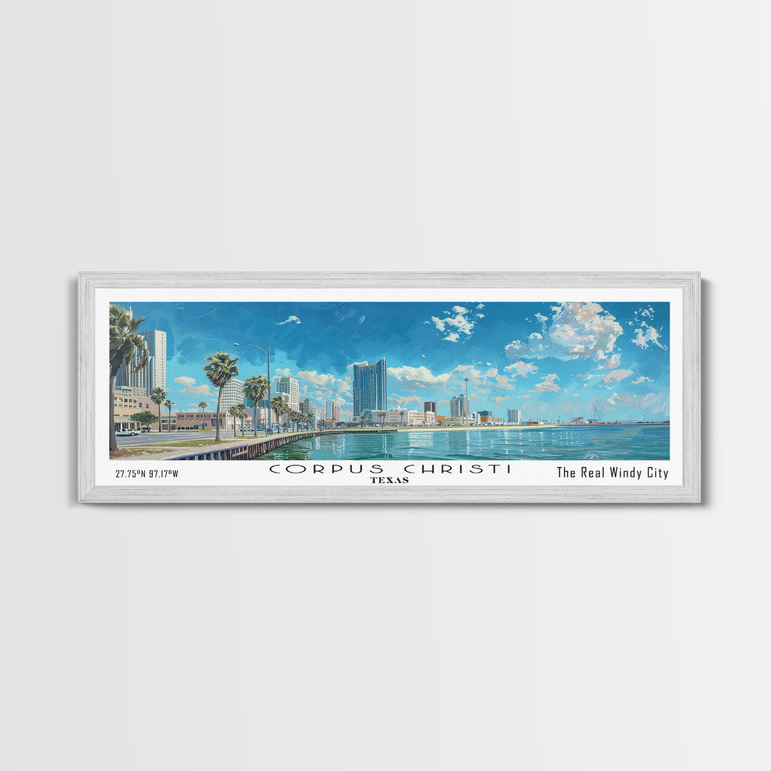 Corpus Christi Texas Panoramic Watercolor Painting, Scenic Framed Canvas Print, Coastal Wall Art for Living Room, Travel Decor, City Print, Vacation Gift