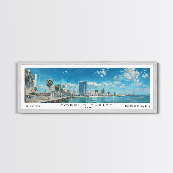 Corpus Christi Texas Panoramic Watercolor Painting, Scenic Framed Canvas Print, Coastal Wall Art for Living Room, Travel Decor, City Print, Vacation Gift