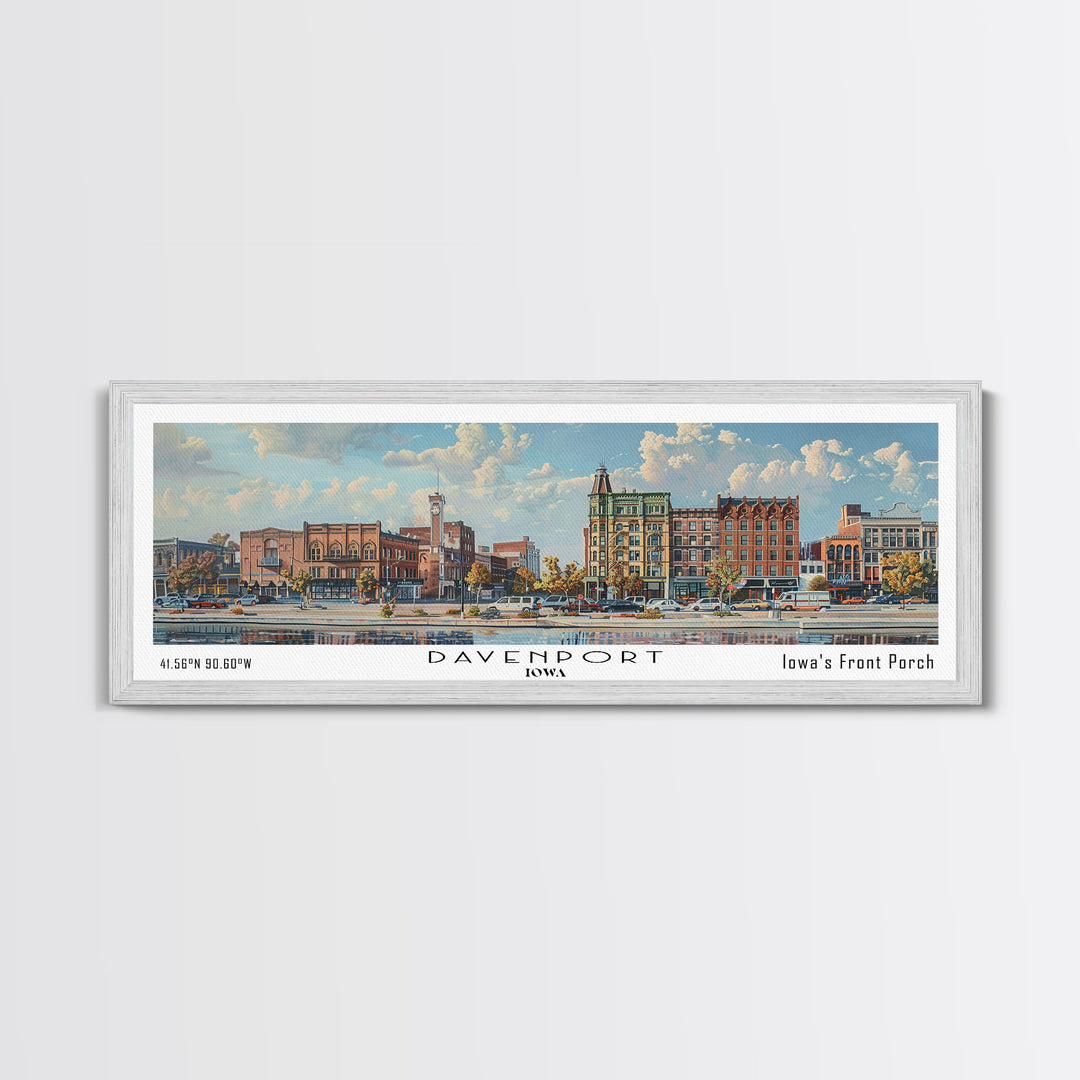 Davenport Iowa Panoramic Watercolor Painting, Scenic Framed Canvas Print, Urban Wall Art for Office, Travel Poster, Home Decor, City Gift Idea