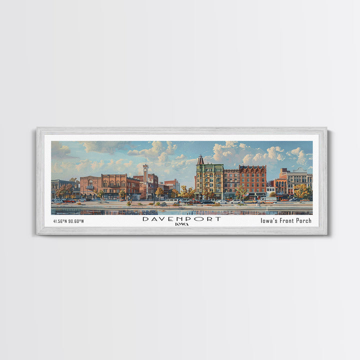 Davenport Iowa Panoramic Watercolor Painting, Scenic Framed Canvas Print, Urban Wall Art for Office, Travel Poster, Home Decor, City Gift Idea