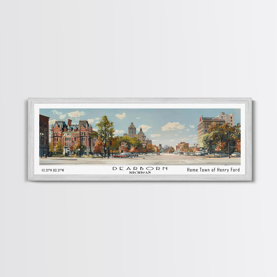 Dearborn Michigan Panoramic Watercolor Painting, Scenic Framed Canvas Print, Urban Wall Art for Living Room, Travel Decor, City Print, Gift Idea