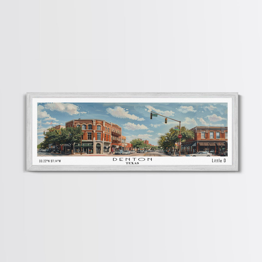 Denton Texas Panoramic Watercolor Painting, Scenic Framed Canvas Print, Urban Wall Art for Living Room, Travel Decor, City Print, Gift Idea