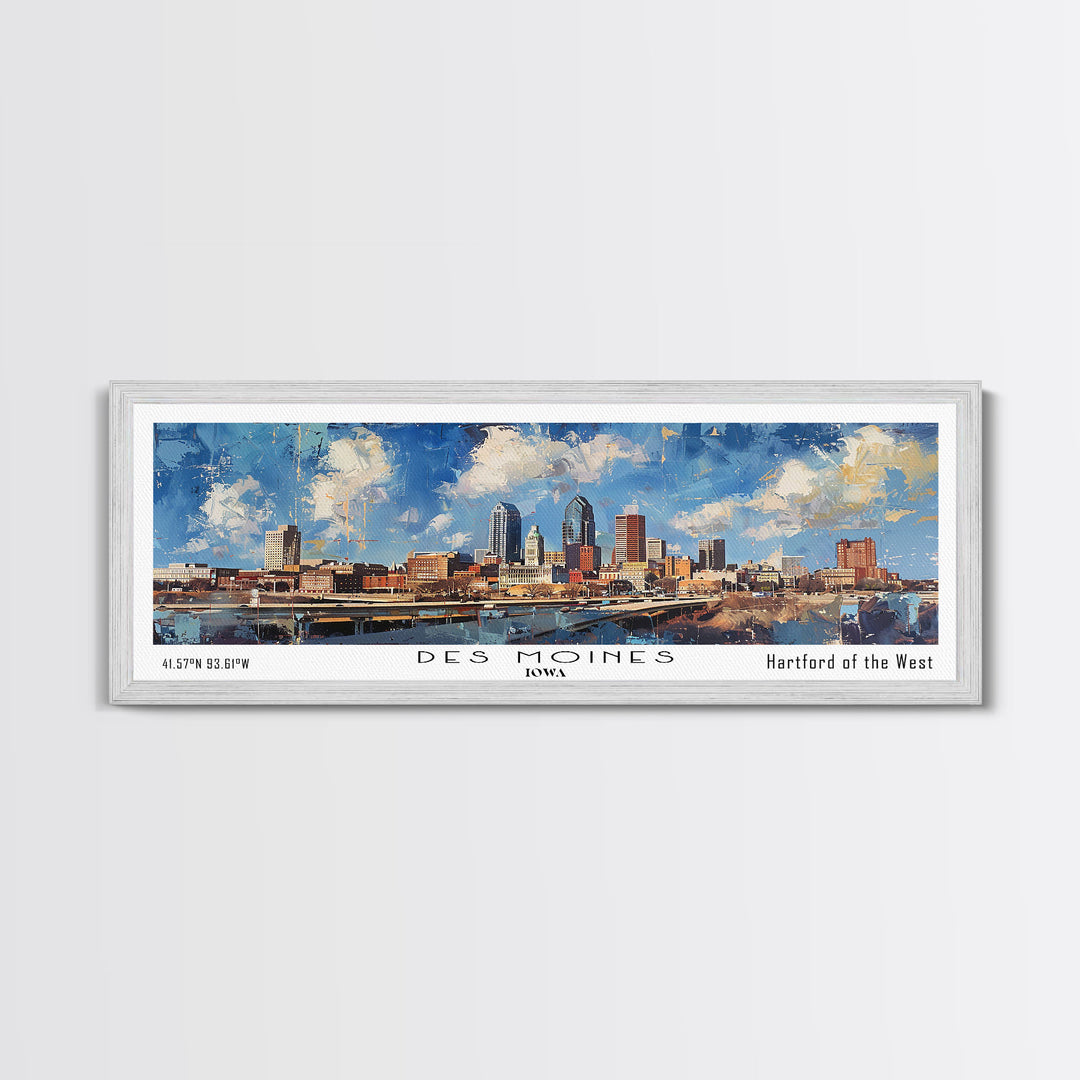 Des Moines Iowa Panoramic Watercolor Painting, Scenic Framed Canvas Print, Urban Wall Art for Office, Travel Poster, Home Decor, City Gift Idea