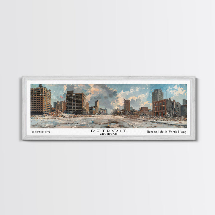 Detroit Michigan Panoramic Watercolor Painting, Scenic Framed Canvas Print, Urban Wall Art for Living Room, Travel Poster, Home Decor, City Gift Idea