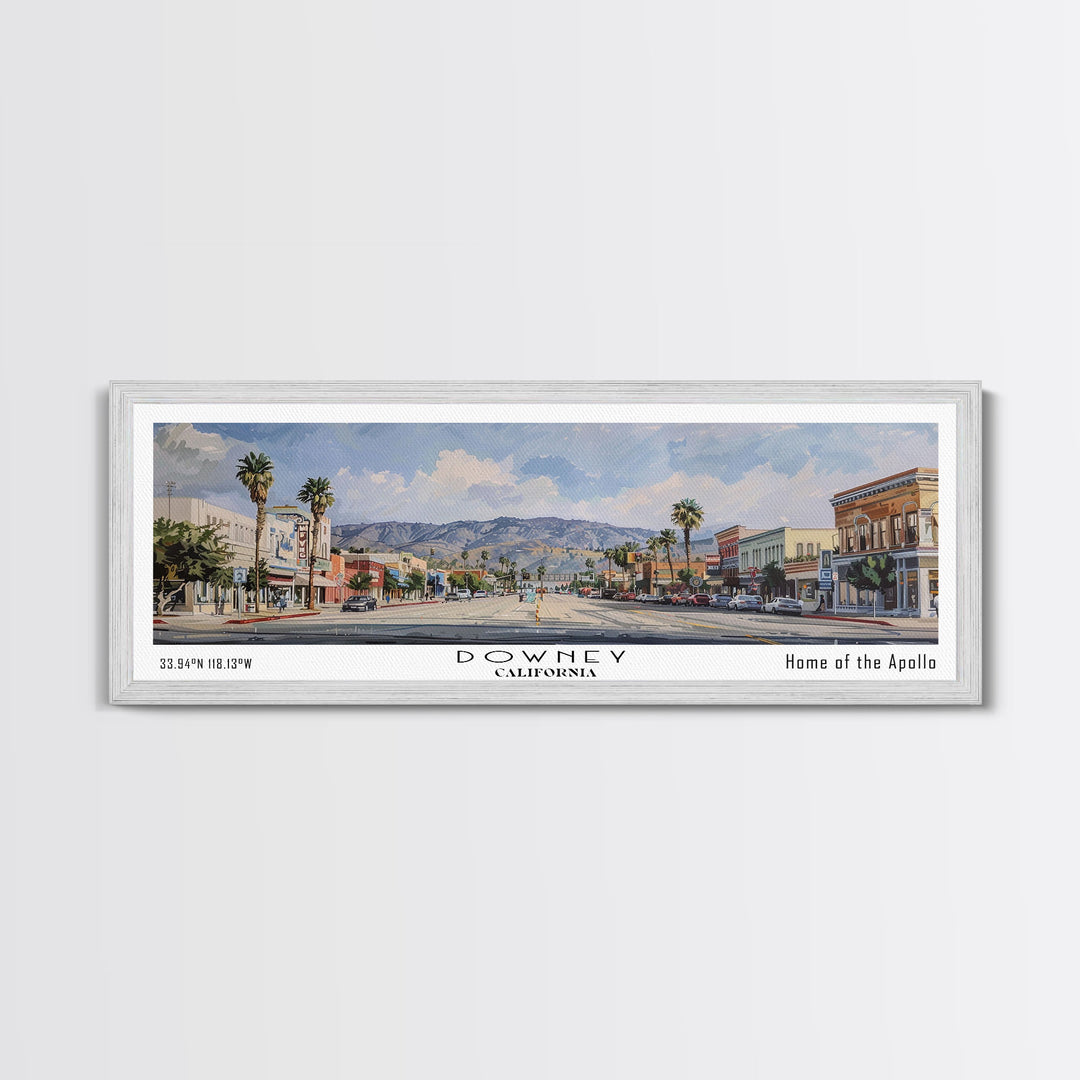 Downey California Panoramic Watercolor Painting, Scenic Framed Canvas Print, Urban Wall Art for Office, Travel Decor, City Print, Gift Idea