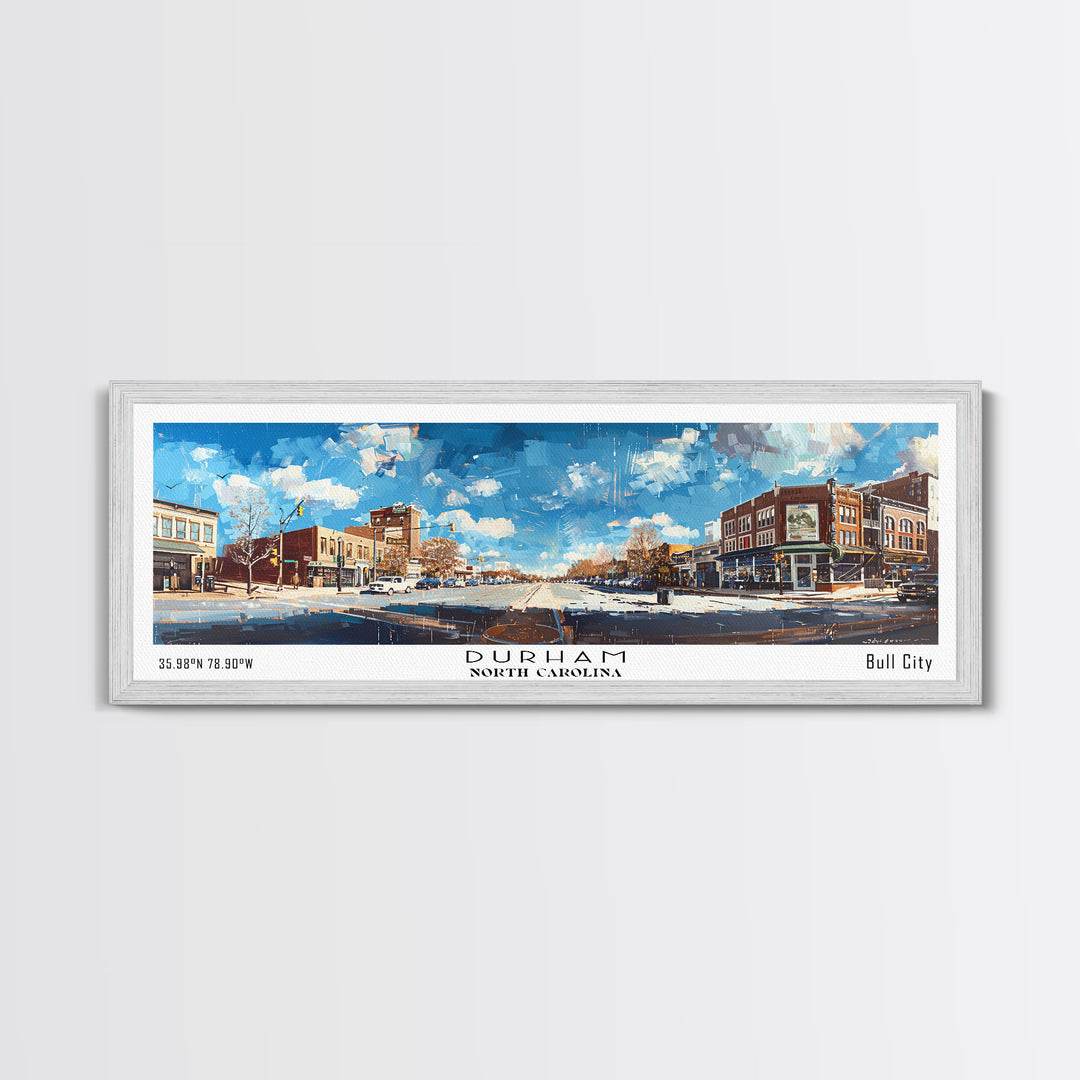 Durham North Carolina Panoramic Watercolor Painting, Scenic Framed Canvas Print, Urban Wall Art for Living Room, Travel Decor, City Print, Gift Idea