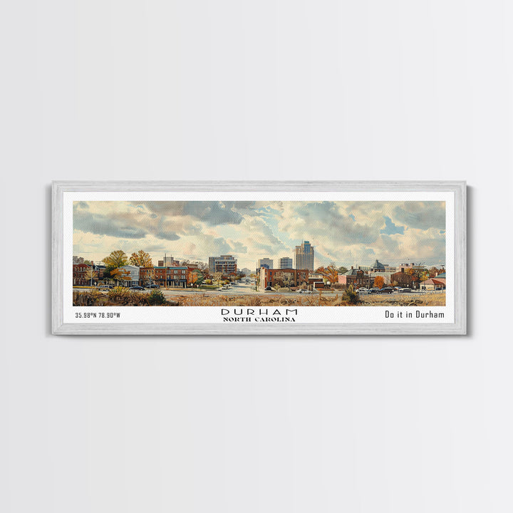Durham North Carolina Panoramic Watercolor Painting, Scenic Framed Canvas Print, Urban Wall Art for Living Room, Travel Decor, City Print, Gift Idea