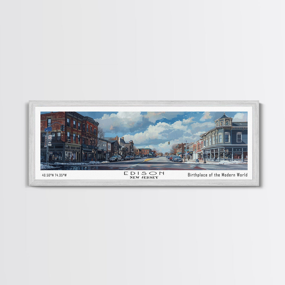 Edison New Jersey Panoramic Watercolor Painting, Scenic Framed Canvas Print, Urban Wall Art for Living Room, Travel Poster, Home Decor, City Gift Idea