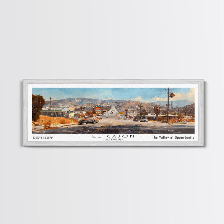 El Cajon California Panoramic Watercolor Painting, Scenic Framed Canvas Print, Urban Wall Art for Office, Travel Decor, City Print, Gift Idea