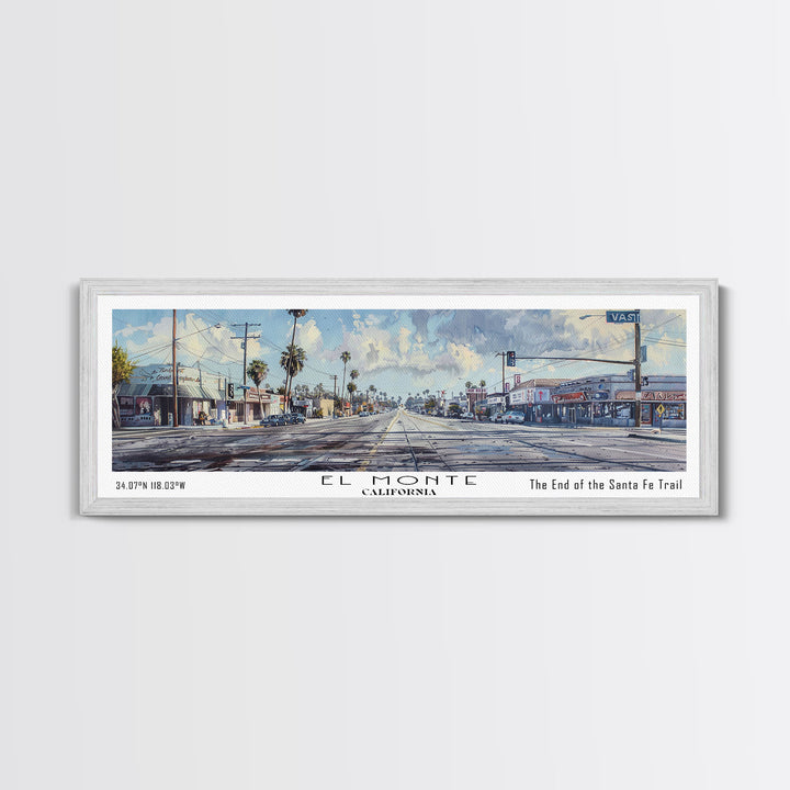 El Monte California Panoramic Watercolor Painting, Scenic Framed Canvas Print, Urban Wall Art for Office, Travel Decor, City Print, Gift Idea