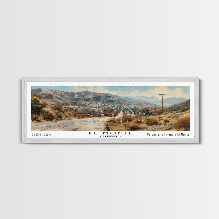 El Monte California Panoramic Watercolor Painting, Scenic Framed Canvas Print, Urban Wall Art for Office, Travel Decor, City Print, Gift Idea