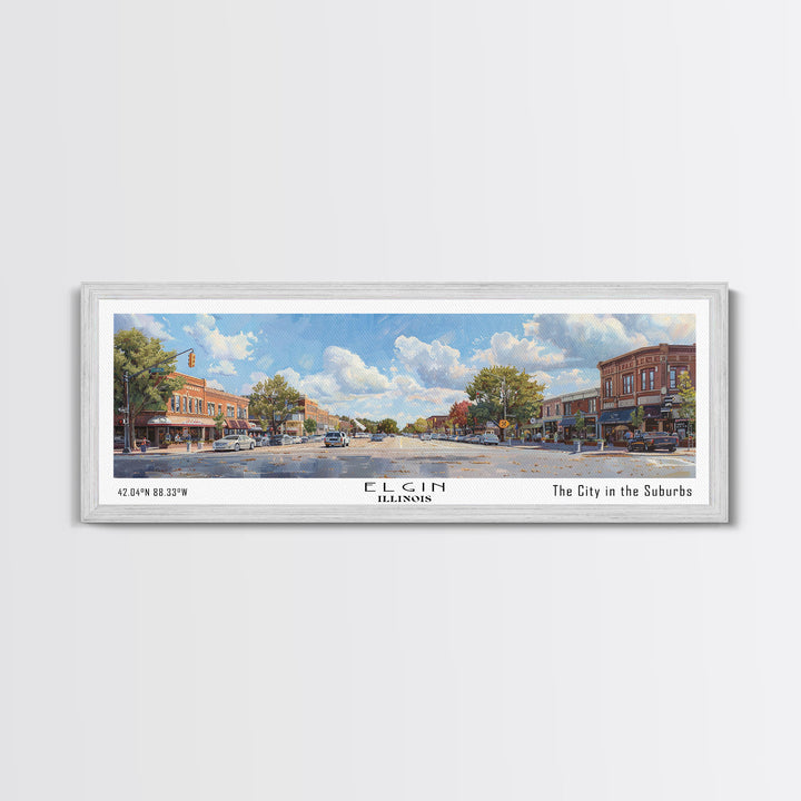 Elgin Illinois Panoramic Watercolor Painting, Scenic Framed Canvas Print, Urban Wall Art for Living Room, Travel Poster, Home Decor, City Gift Idea