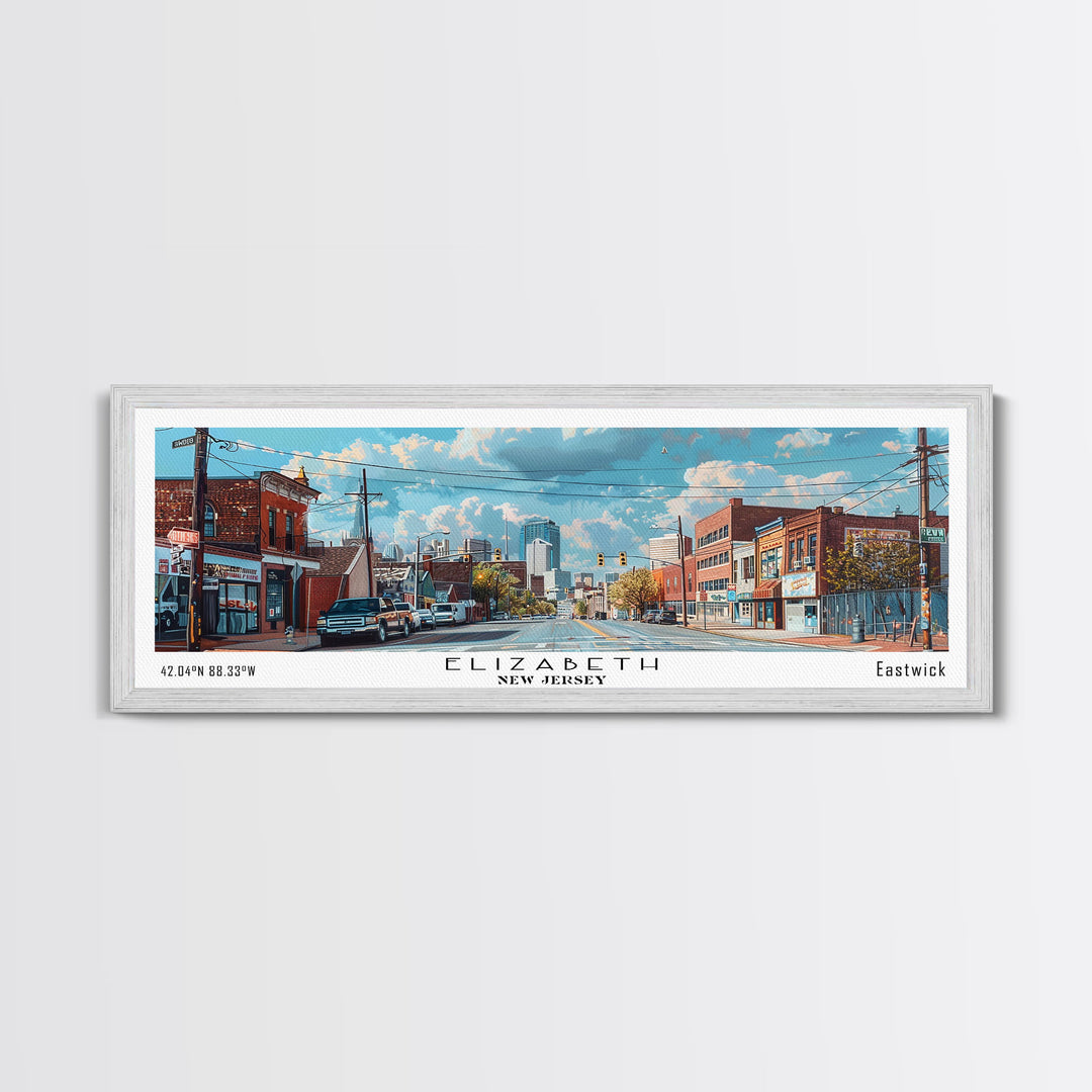 Elizabeth New Jersey Panoramic Watercolor Painting, Scenic Framed Canvas Print, Urban Wall Art for Office, Travel Decor, City Print, Gift Idea
