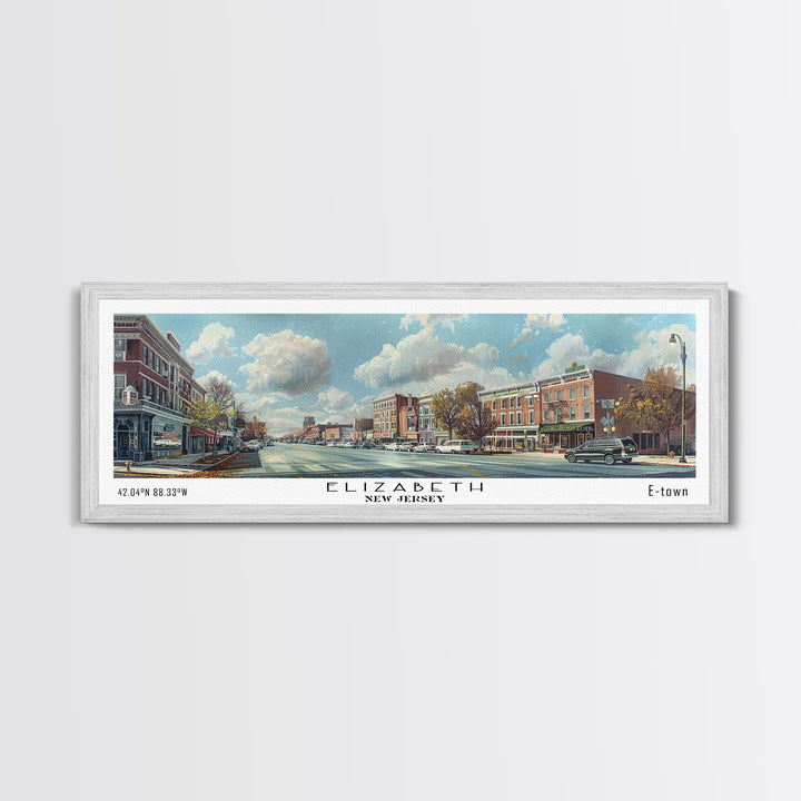 Elizabeth New Jersey Panoramic Watercolor Painting, Scenic Framed Canvas Print, Urban Wall Art for Office, Travel Decor, City Print, Gift Idea