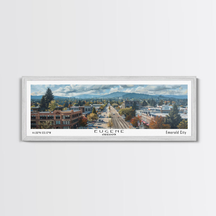Eugene Oregon Panoramic Watercolor Painting, Scenic Framed Canvas Print, Urban Wall Art for Office, Travel Poster, Home Decor, City Gift Idea