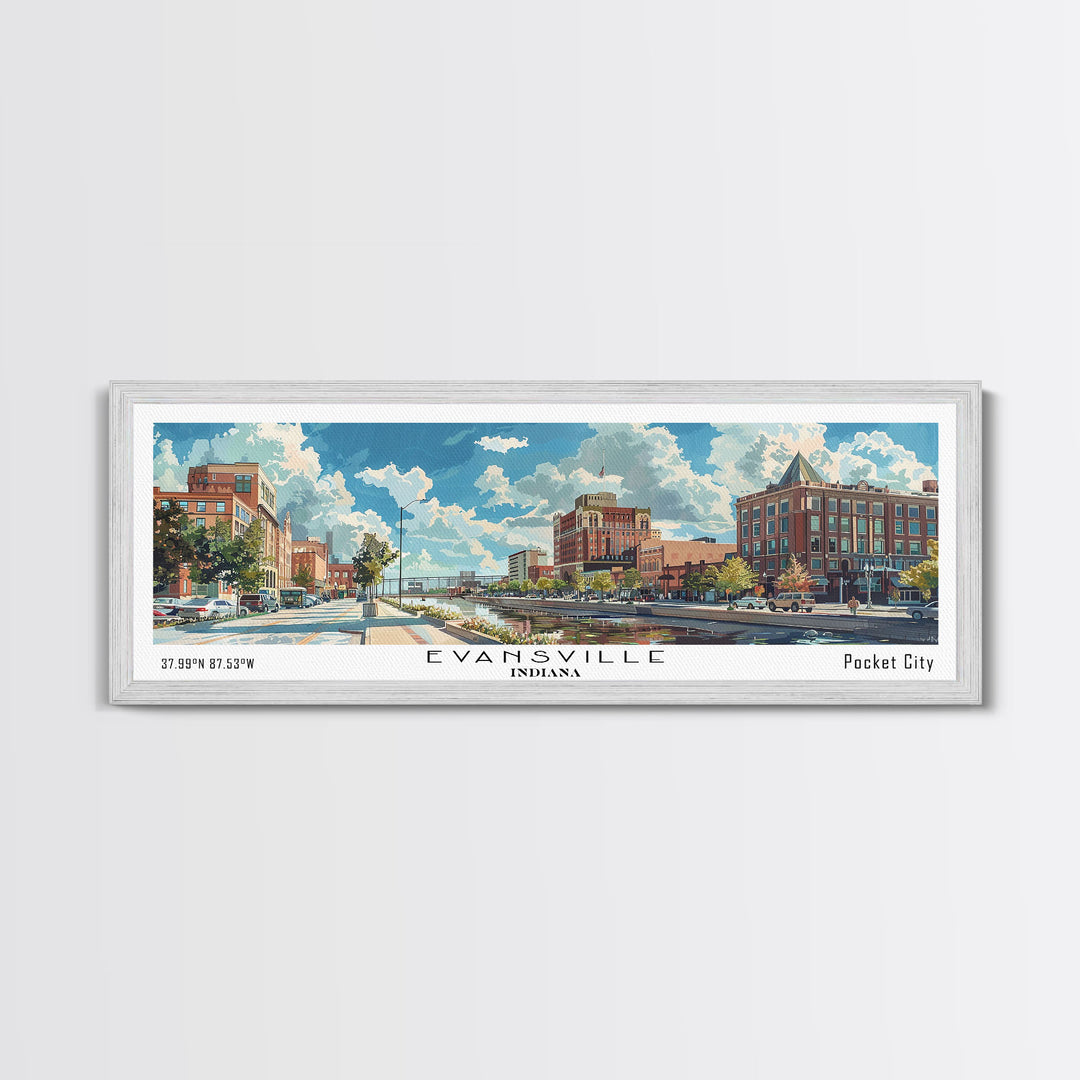 Evansville Indiana Panoramic Watercolor Painting, Scenic Framed Canvas Print, Urban Wall Art for Living Room, Travel Poster, Home Decor, City Gift Idea