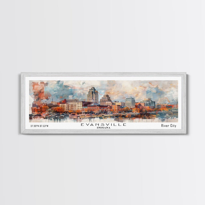Evansville Indiana Panoramic Watercolor Painting, Scenic Framed Canvas Print, Urban Wall Art for Living Room, Travel Poster, Home Decor, City Gift Idea