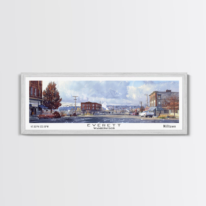 Everett Washington Panoramic Watercolor Painting, Scenic Framed Canvas Print, Urban Wall Art for Office, Travel Decor, City Print, Gift Idea