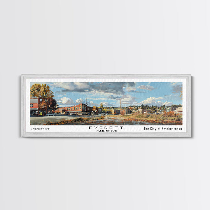 Everett Washington Panoramic Watercolor Painting, Scenic Framed Canvas Print, Urban Wall Art for Office, Travel Decor, City Print, Gift Idea