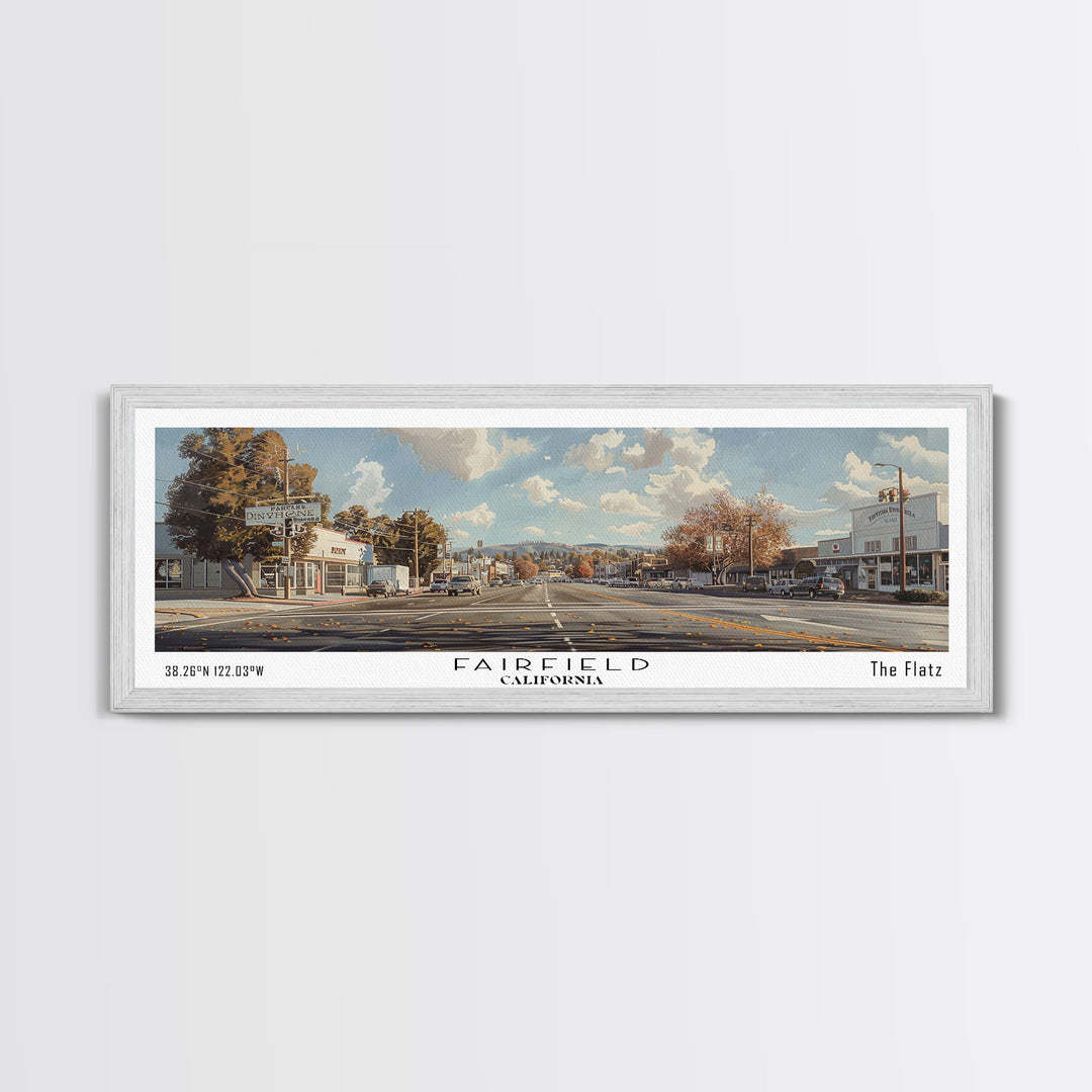Fairfield California Panoramic Watercolor Painting, Scenic Framed Canvas Print, Urban Wall Art for Living Room, Travel Poster, Home Decor, City Gift Idea