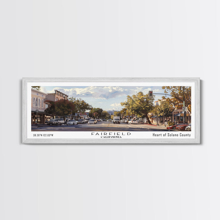Fairfield California Panoramic Watercolor Painting, Scenic Framed Canvas Print, Urban Wall Art for Living Room, Travel Poster, Home Decor, City Gift Idea