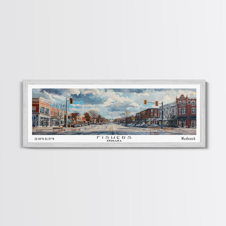Fishers Indiana Panoramic Watercolor Painting, Scenic Framed Canvas Print, Urban Wall Art for Office, Travel Decor, City Print, Gift Idea