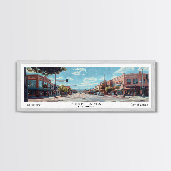 Fontana California Panoramic Watercolor Painting, Scenic Framed Canvas Print, Urban Wall Art for Living Room, Travel Poster, Home Decor, City Gift Idea