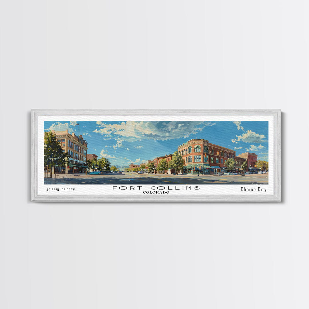 Fort Collins Colorado Panoramic Watercolor Painting, Scenic Framed Canvas Print, Urban Wall Art for Office, Travel Decor, City Print, Gift Idea