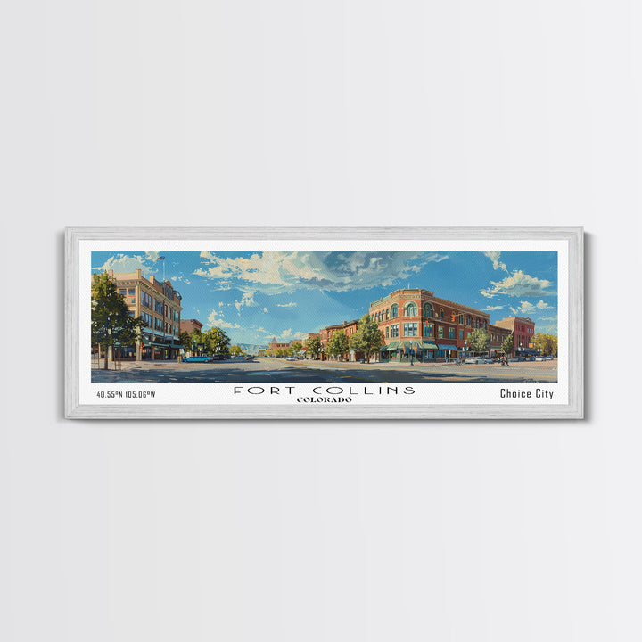 Fort Collins Colorado Panoramic Watercolor Painting, Scenic Framed Canvas Print, Urban Wall Art for Office, Travel Decor, City Print, Gift Idea