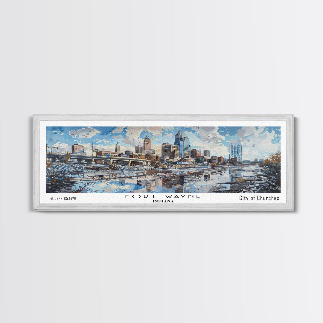 Fort Wayne Indiana Panoramic Watercolor Painting, Scenic Framed Canvas Print, Urban Wall Art for Office, Travel Decor, City Print, Gift Idea