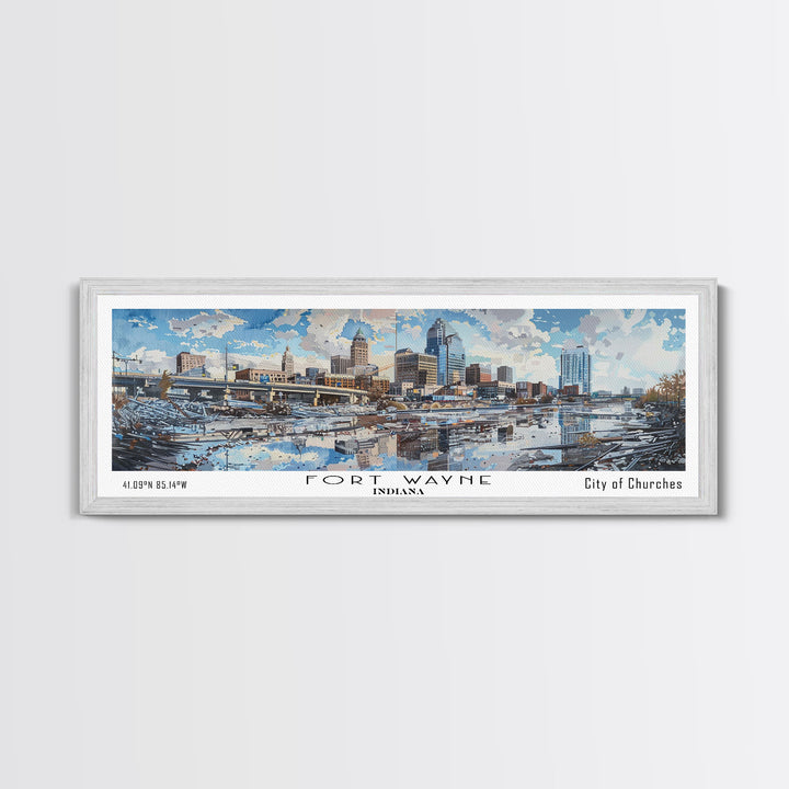 Fort Wayne Indiana Panoramic Watercolor Painting, Scenic Framed Canvas Print, Urban Wall Art for Office, Travel Decor, City Print, Gift Idea