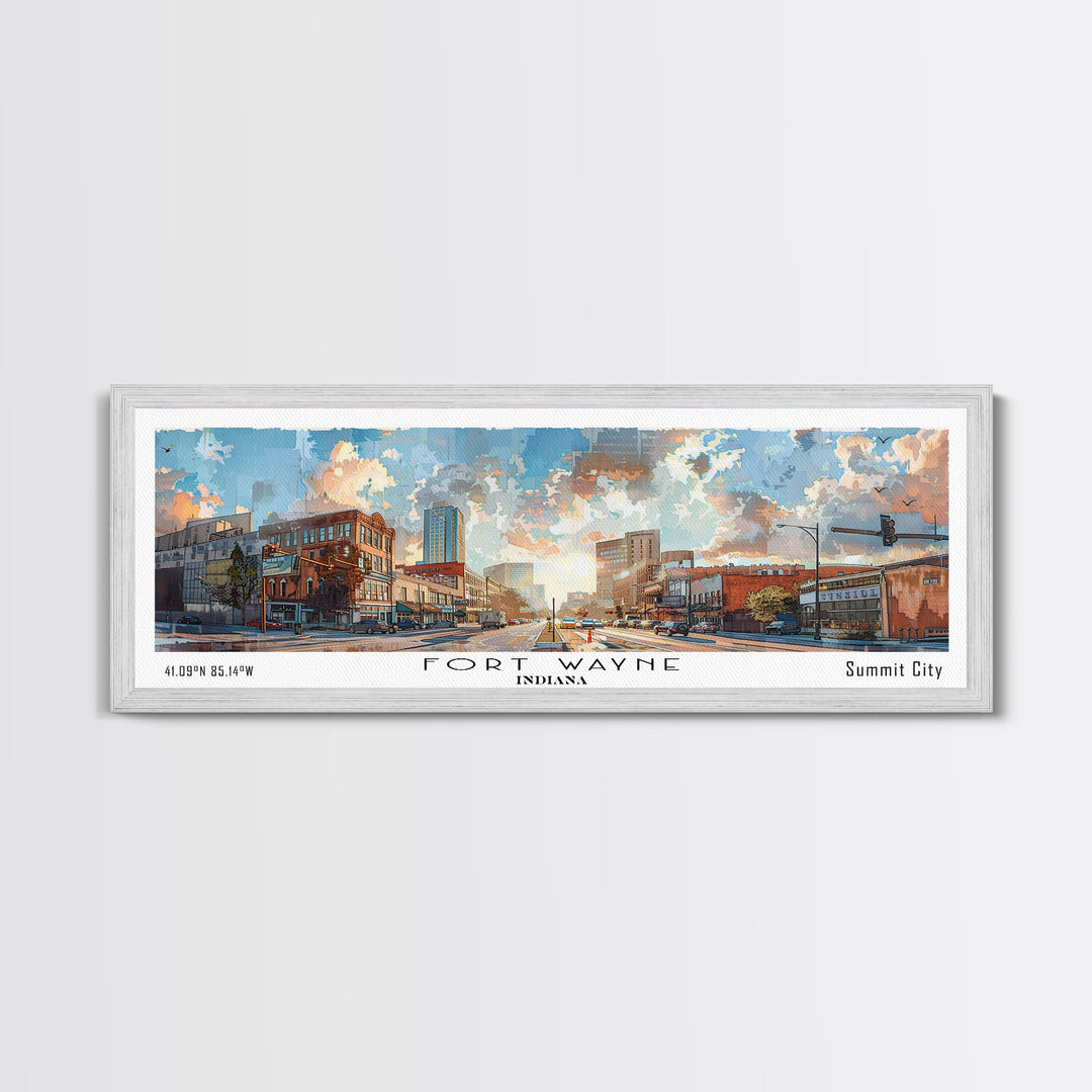 Fort Wayne Indiana Panoramic Watercolor Painting, Urban Framed Canvas Print, Cityscape Wall Art for Living Room, Travel Decor, Home Gift Idea