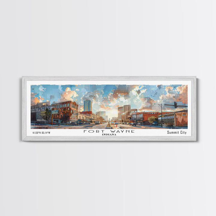 Fort Wayne Indiana Panoramic Watercolor Painting, Urban Framed Canvas Print, Cityscape Wall Art for Living Room, Travel Decor, Home Gift Idea