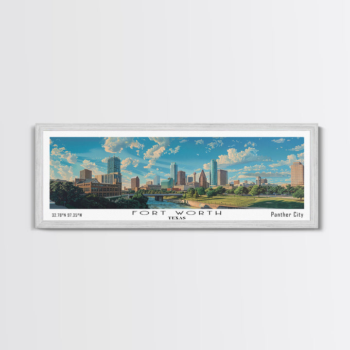 Fort Worth Texas Panoramic Watercolor Painting, Urban Framed Canvas Print, Cityscape Wall Art for Living Room, Travel Decor, Office Art, Gift Idea