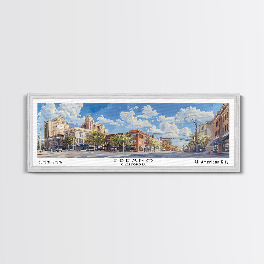 Fresno California Panoramic Watercolor Painting, Scenic Framed Canvas Print, Urban Wall Art for Living Room, Travel Decor, City Print, Gift Idea